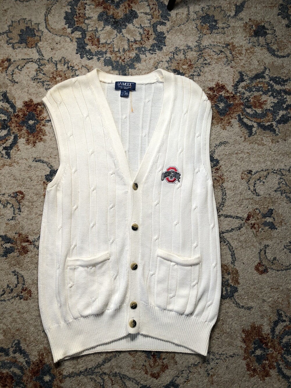 Vintage LaMode Women's Medium Cardigan Sweater White Ohio State Buckeyes Chunky